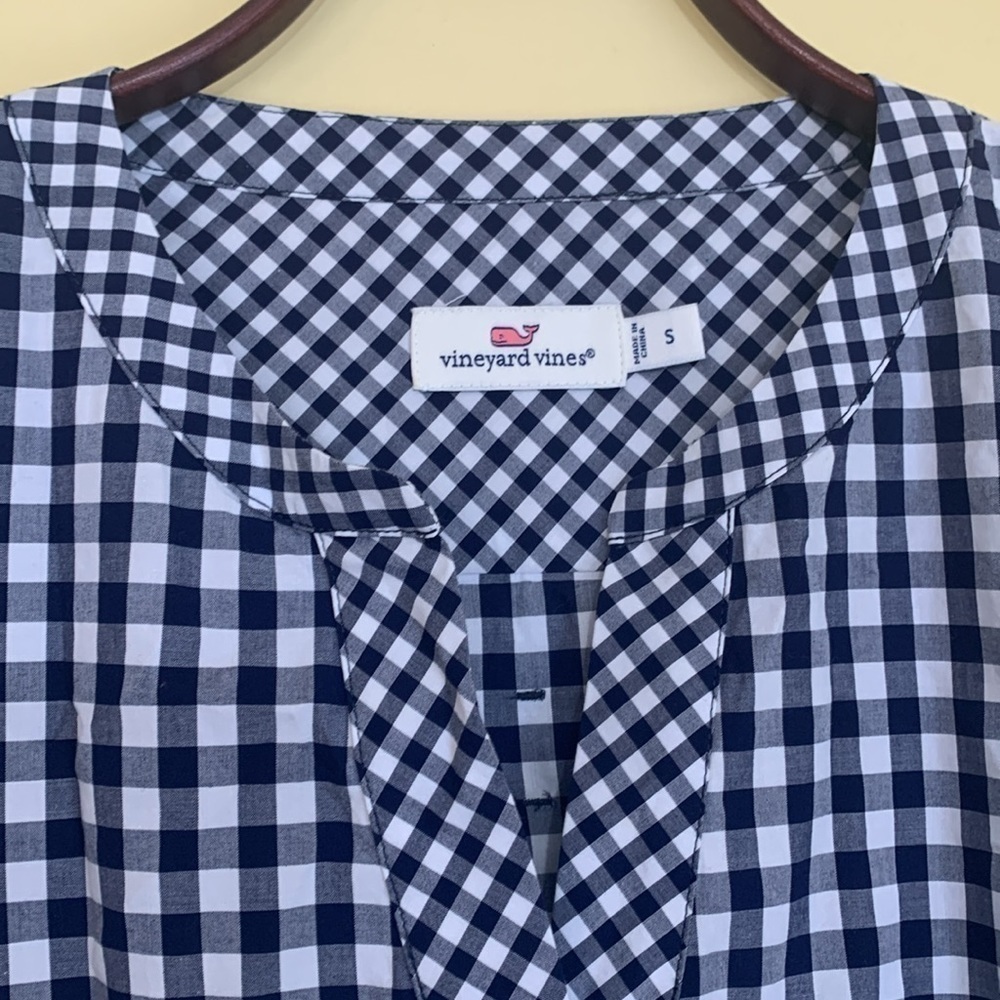 Vineyard Vines 100% Cotton Mixed Gingham Tie Sleeve High Low Hem Pullover Top S - Picture 17 of 17